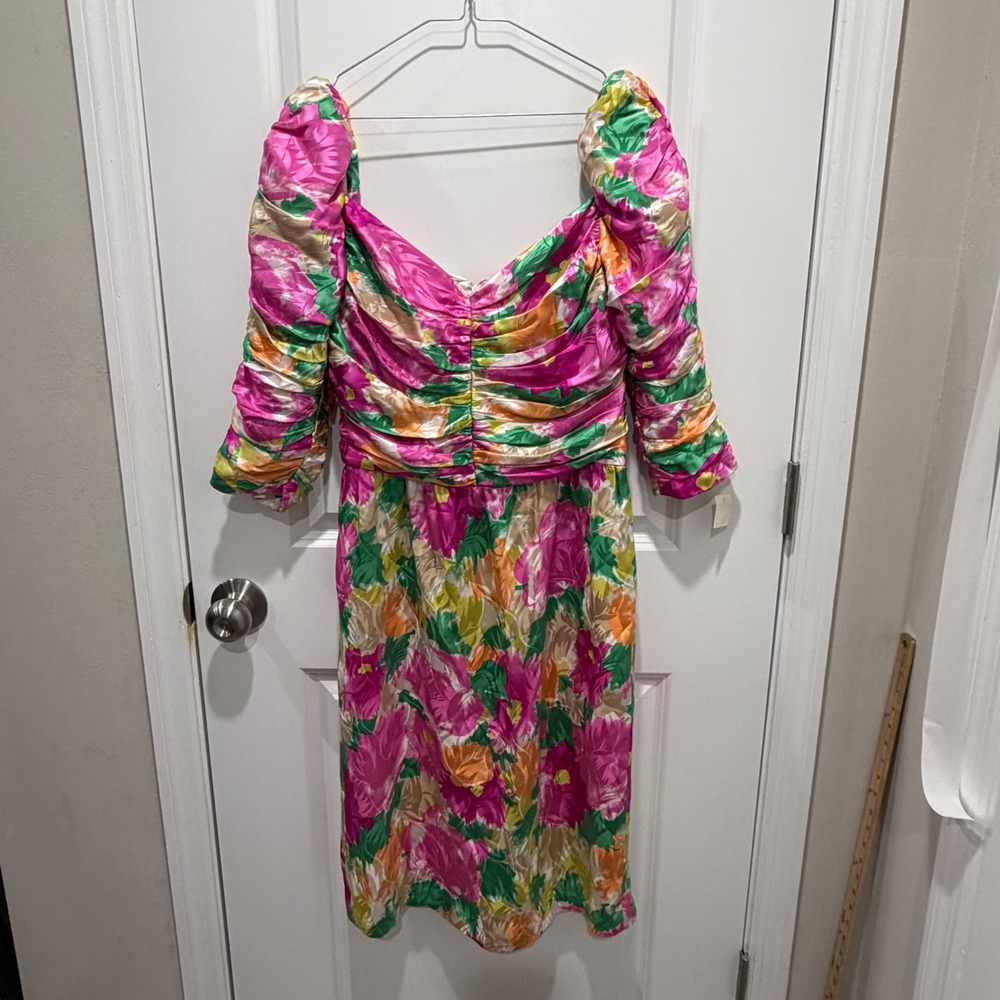 Lauren Alexandra Womens Dress 100% Silk Ruched Floral Pink Size 14 NWT Vintage